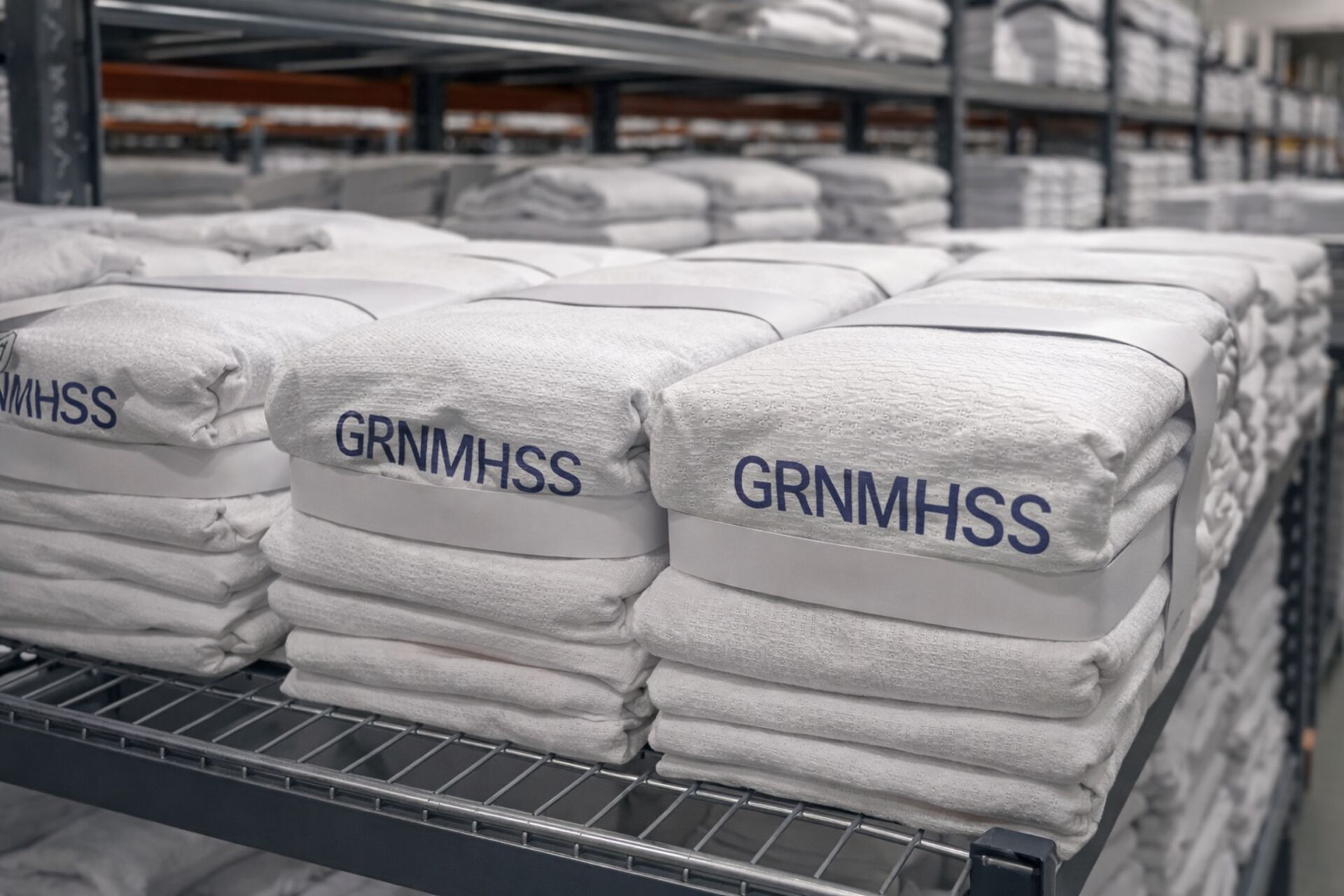 Folded hospital linens stocked on shelving