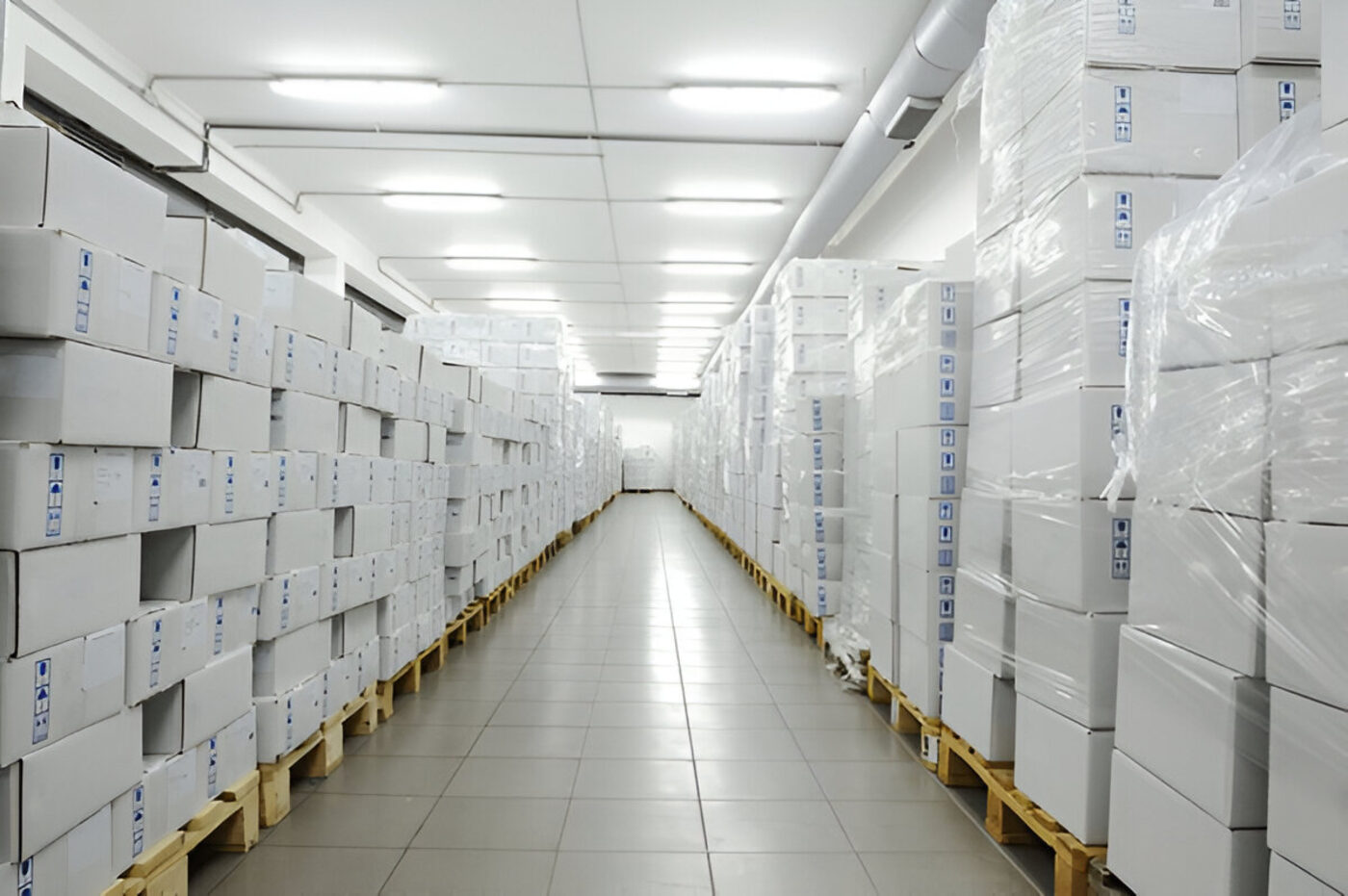 Pharmaceutical warehouse storage aisle